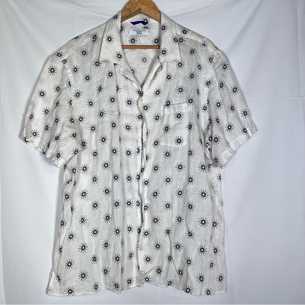 Teddy Stratford Shirt Mens Sz‎ 6 White Geometric Linen Hidden Zipper Preppy